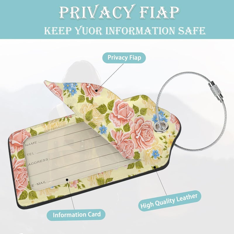 SKYDAWNY Pink Rose Luggage Tag,Flowers Retro Luggage Tags of Set 2 Leather Identifiers Privacy Cover with Stainless Steel Loop for Women Men Travel Bag Suitcase - Image 2